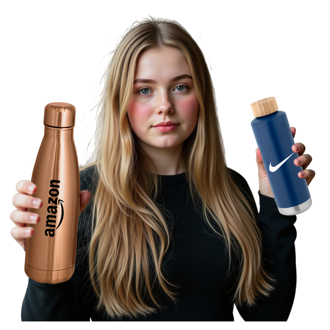 Mulher Segurando Garrafa Personalizada com logotipo